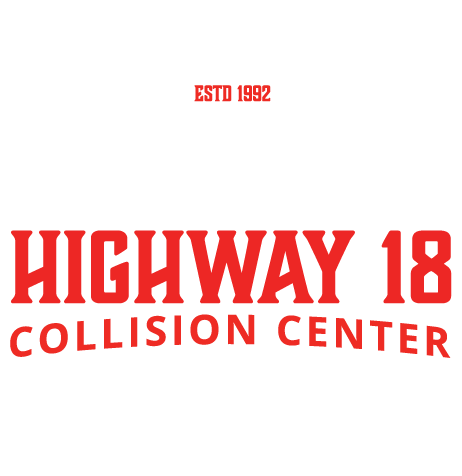 Logo for Highway 18 Collision Center, established 1992, featuring an outline of a sports car above the business name for auto body and accident repair.