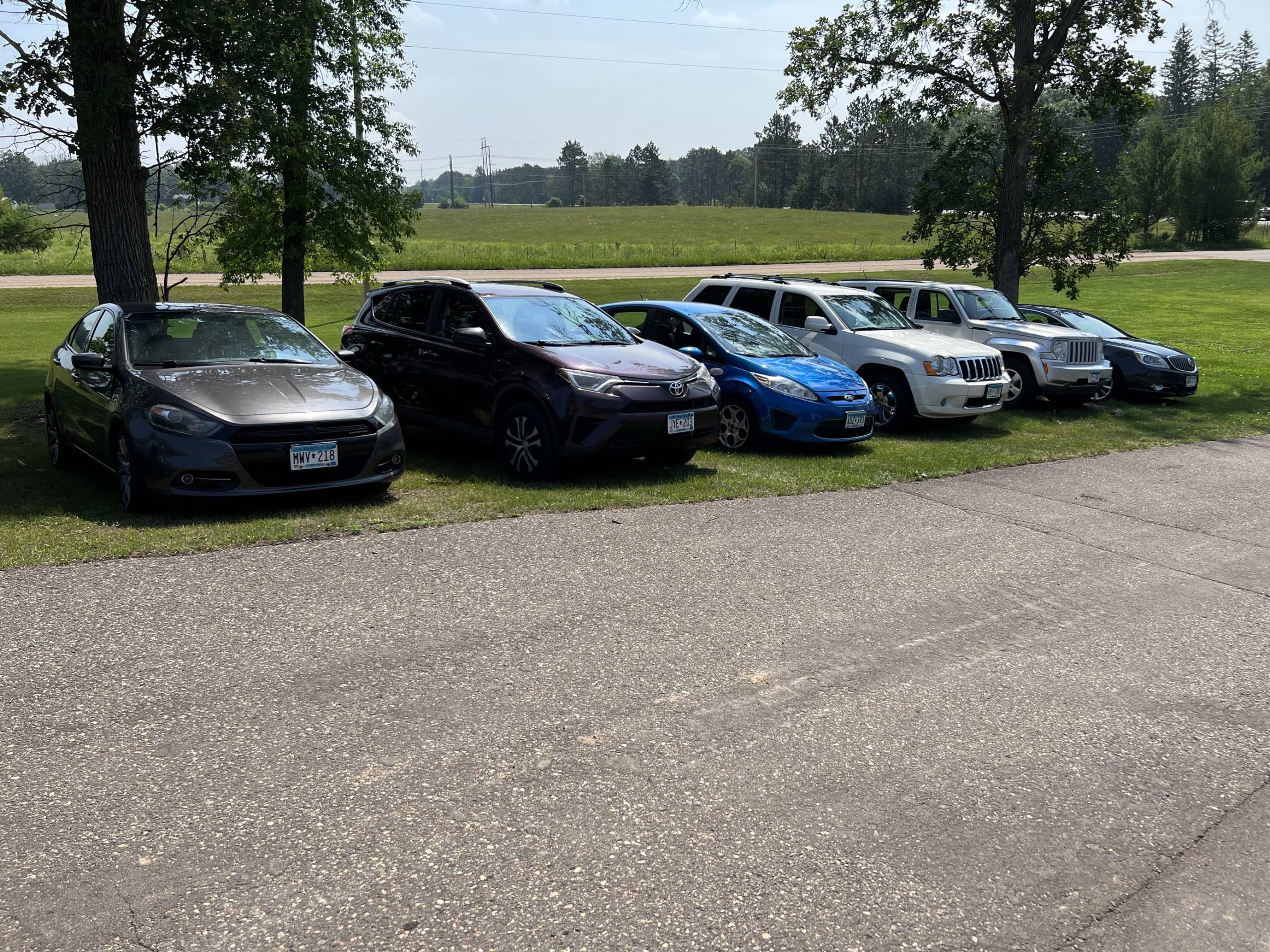 A row of six cars requiring collision repair parked on a grass lawn next to an asphalt road.