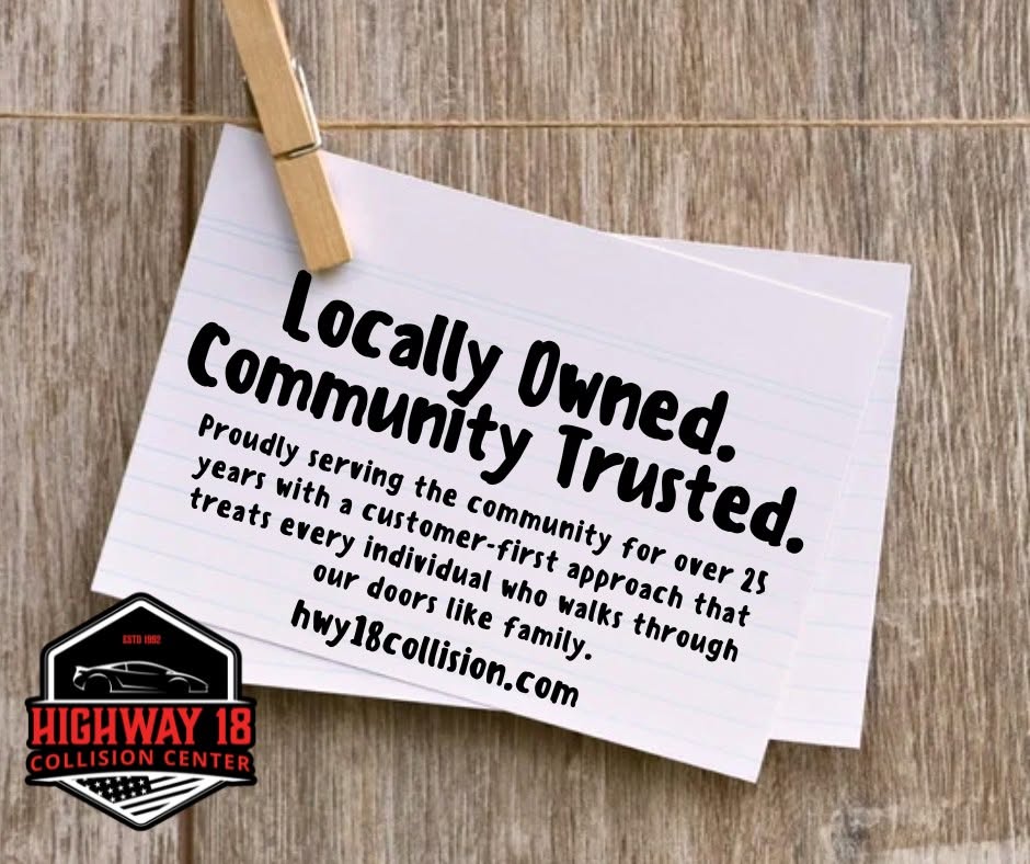 Note card featuring the Highway 18 Collision Center logo and a message about their 25 years of community service and family-oriented auto body and accident repair care.